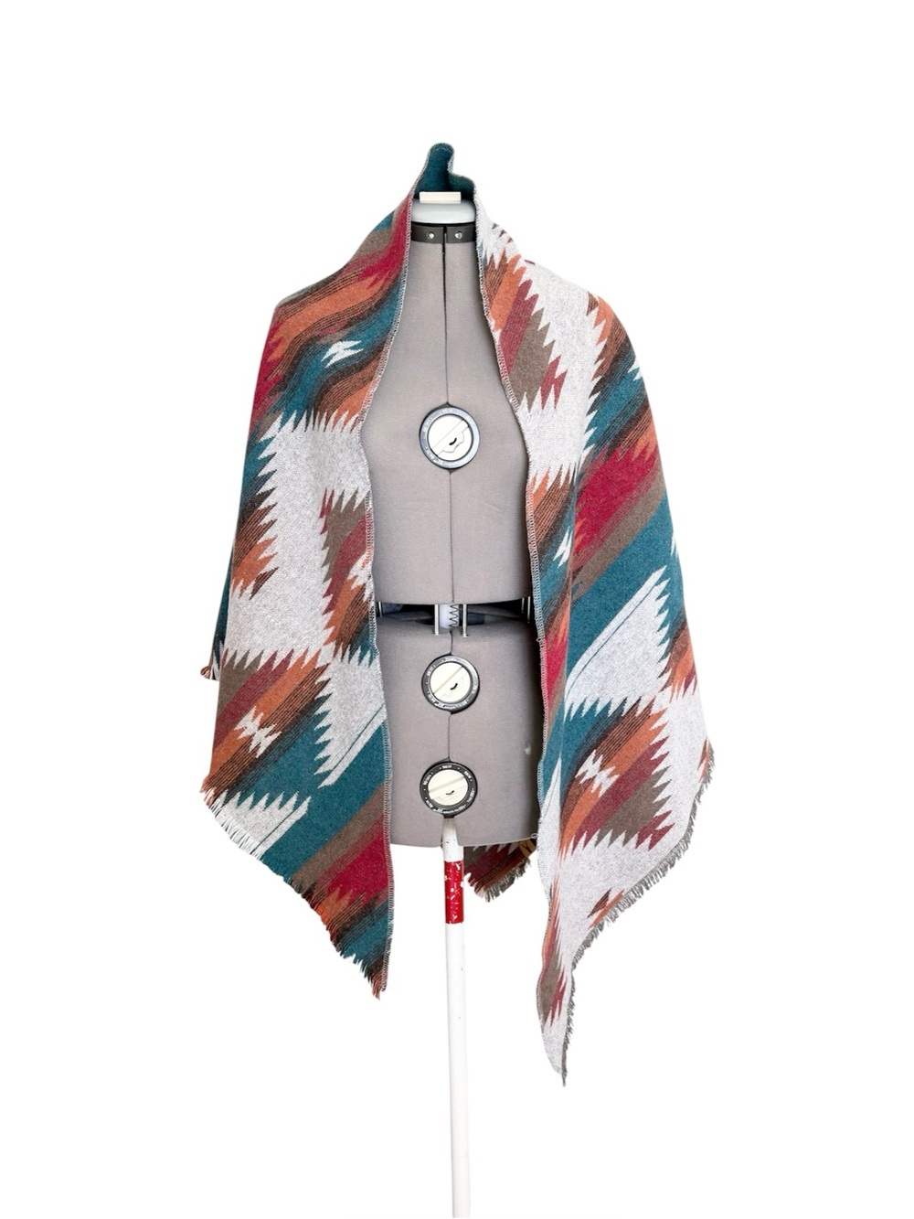 Southwestern Pattern Fringe Blanket Wrap in Teal, Rust & Cream - Picture 2 of 8